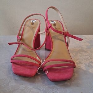 Ladies Pink Suede Strappy Block Heel Sandals - Comfort Ankle Strap